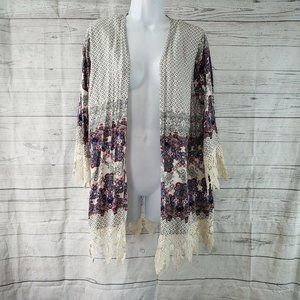 Kori America Womens Kimono Sz Medium Blue Cream Crochet Hem